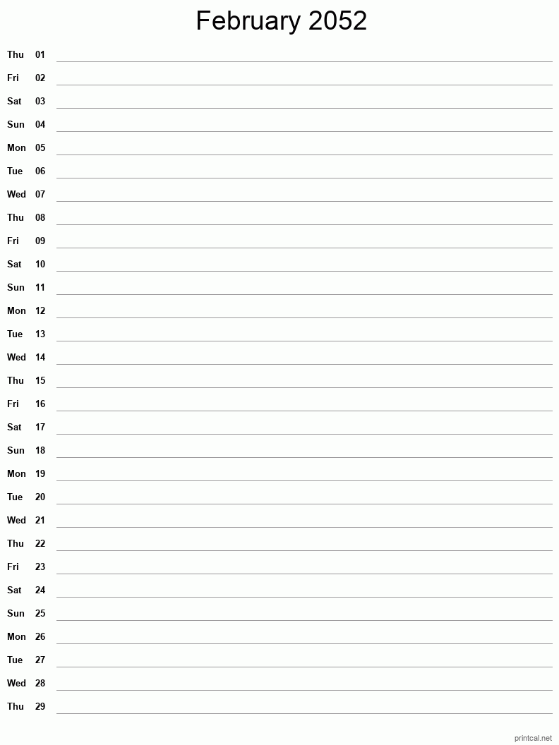 February 2052 Printable Calendar - Single Column Notesheet