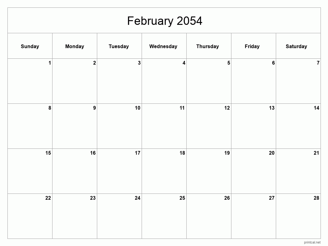 February 2054 Printable Calendar - Classic Blank Sheet