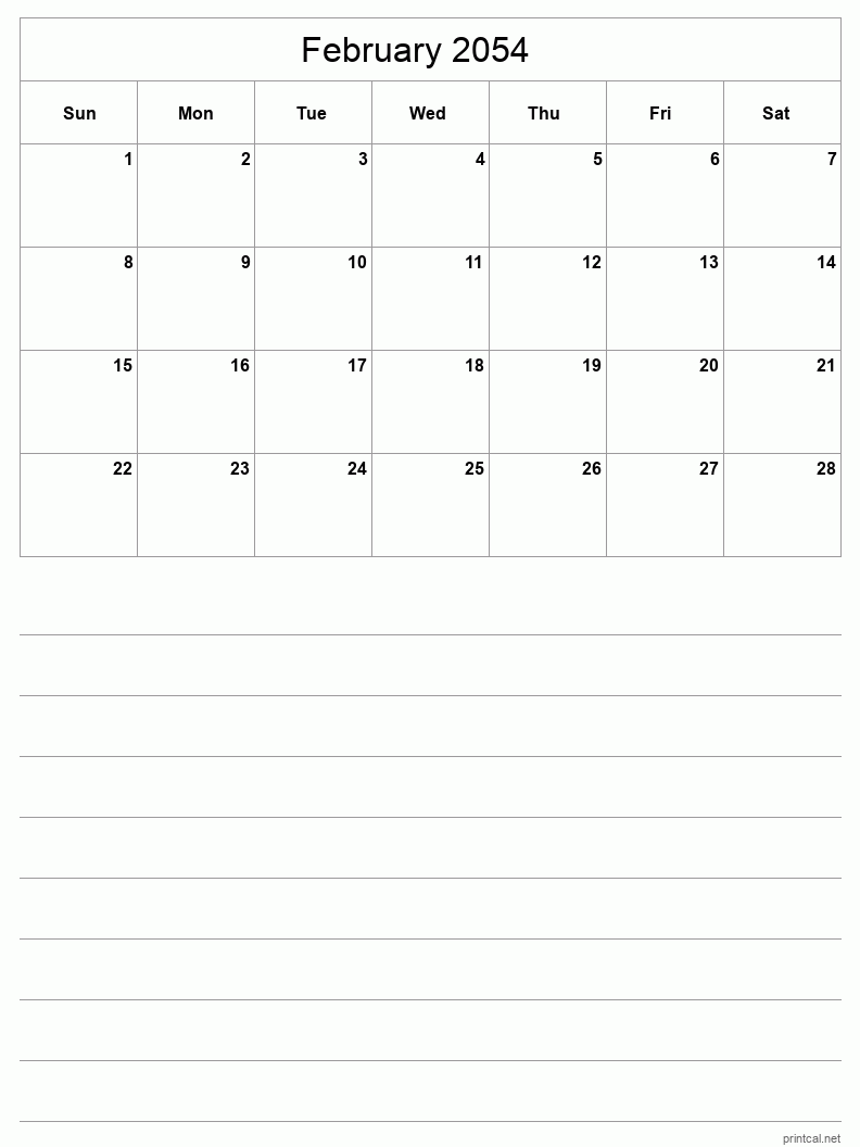 February 2054 Printable Calendar - Half-Page With Notesheet