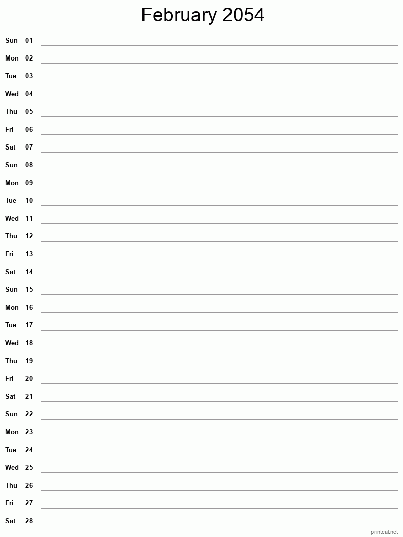 February 2054 Printable Calendar - Single Column Notesheet