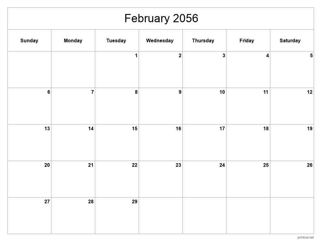 February 2056 Printable Calendar - Classic Blank Sheet