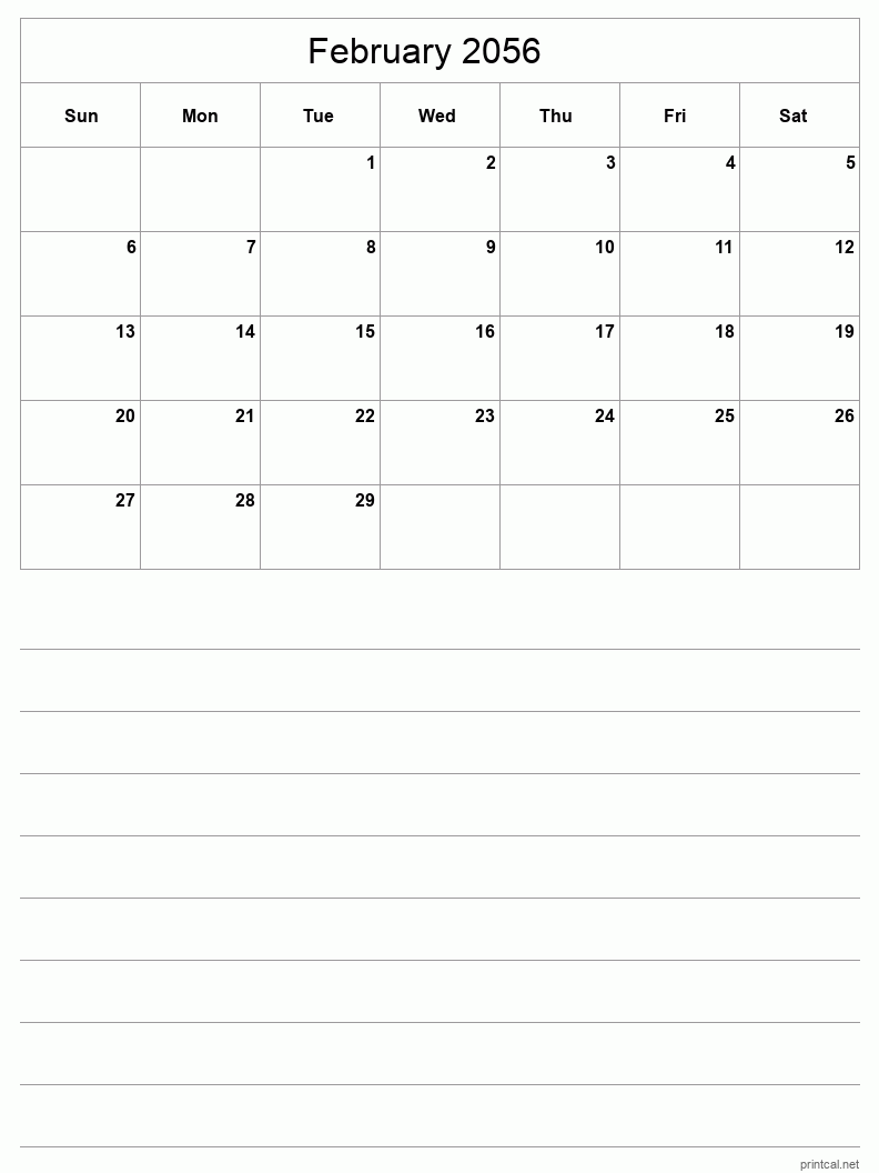 February 2056 Printable Calendar - Half-Page With Notesheet