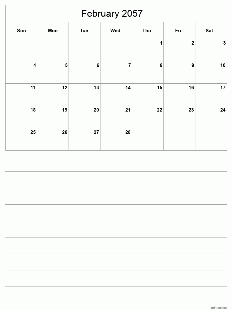 February 2057 Printable Calendar - Half-Page With Notesheet