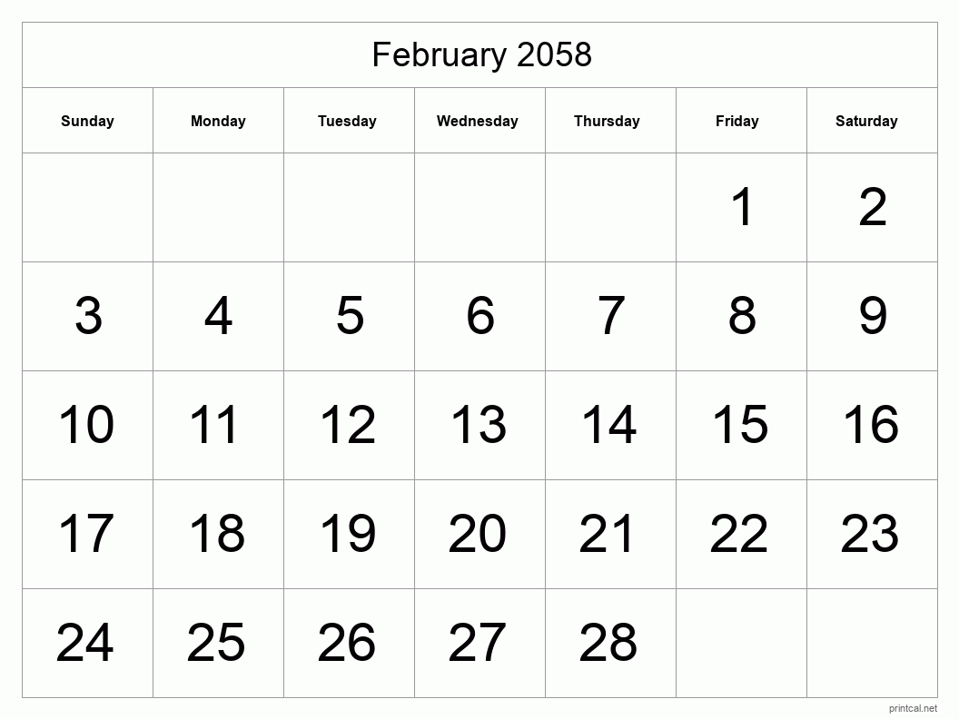 February 2058 Printable Calendar - Big Dates