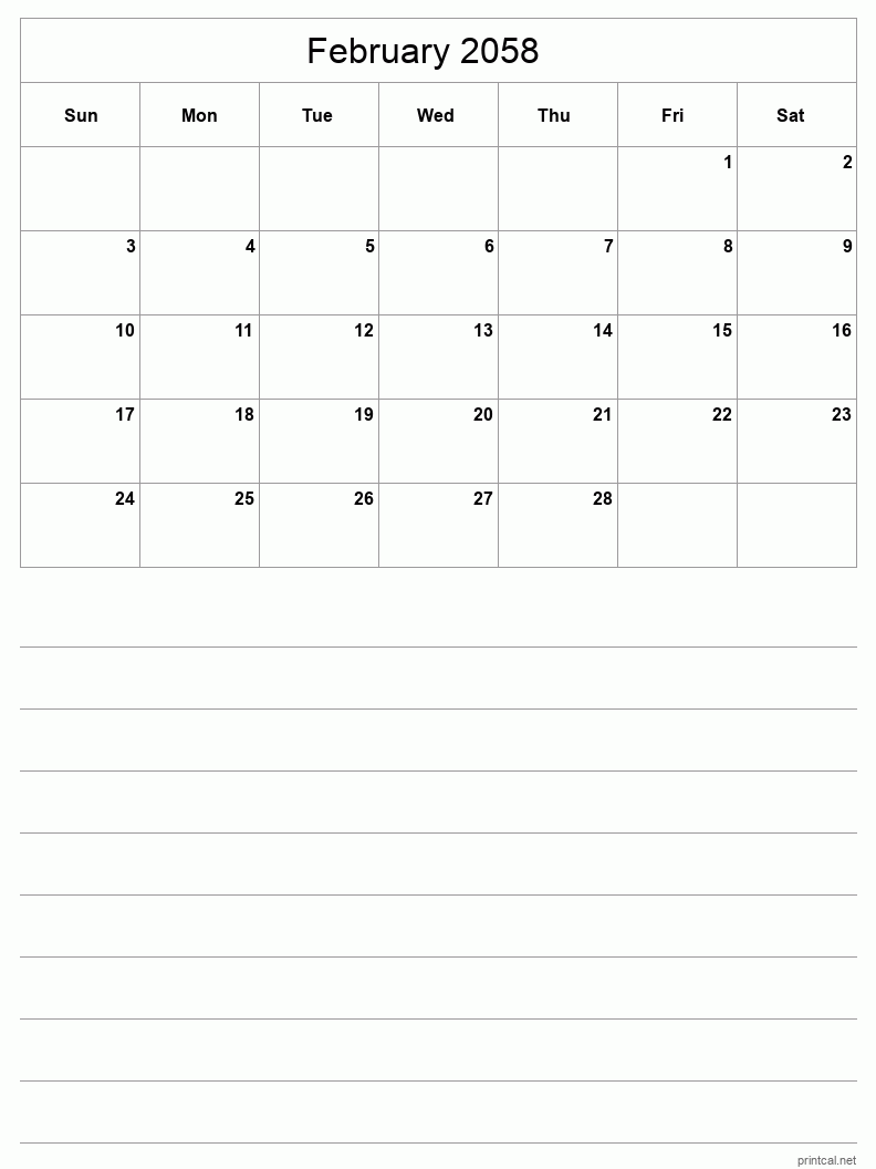 February 2058 Printable Calendar - Half-Page With Notesheet