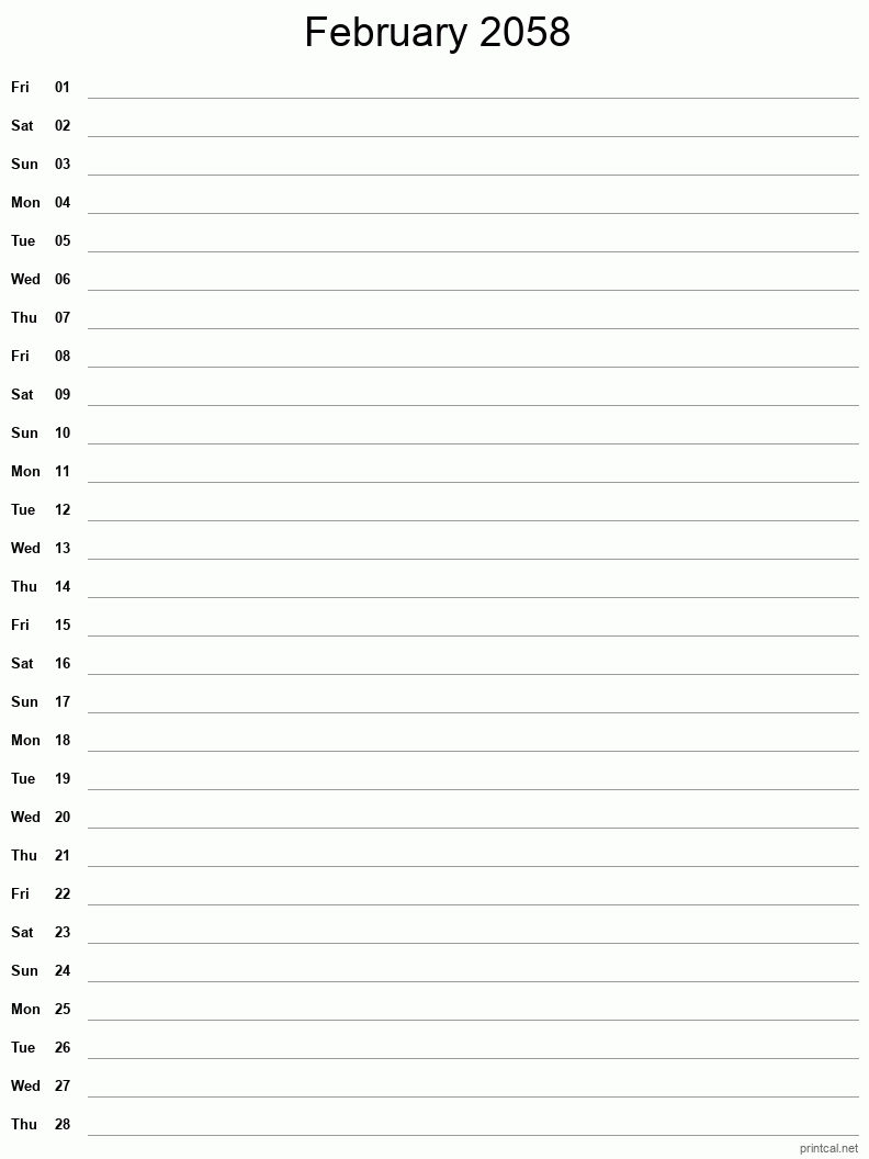 February 2058 Printable Calendar - Single Column Notesheet