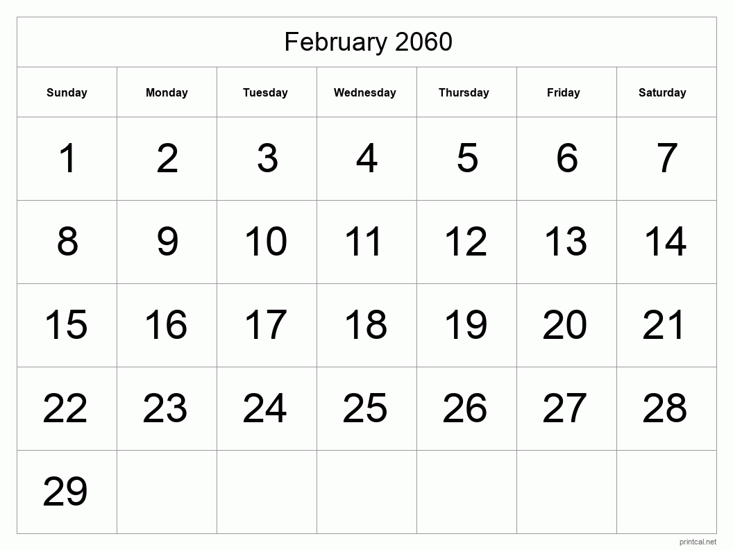 February 2060 Printable Calendar - Big Dates