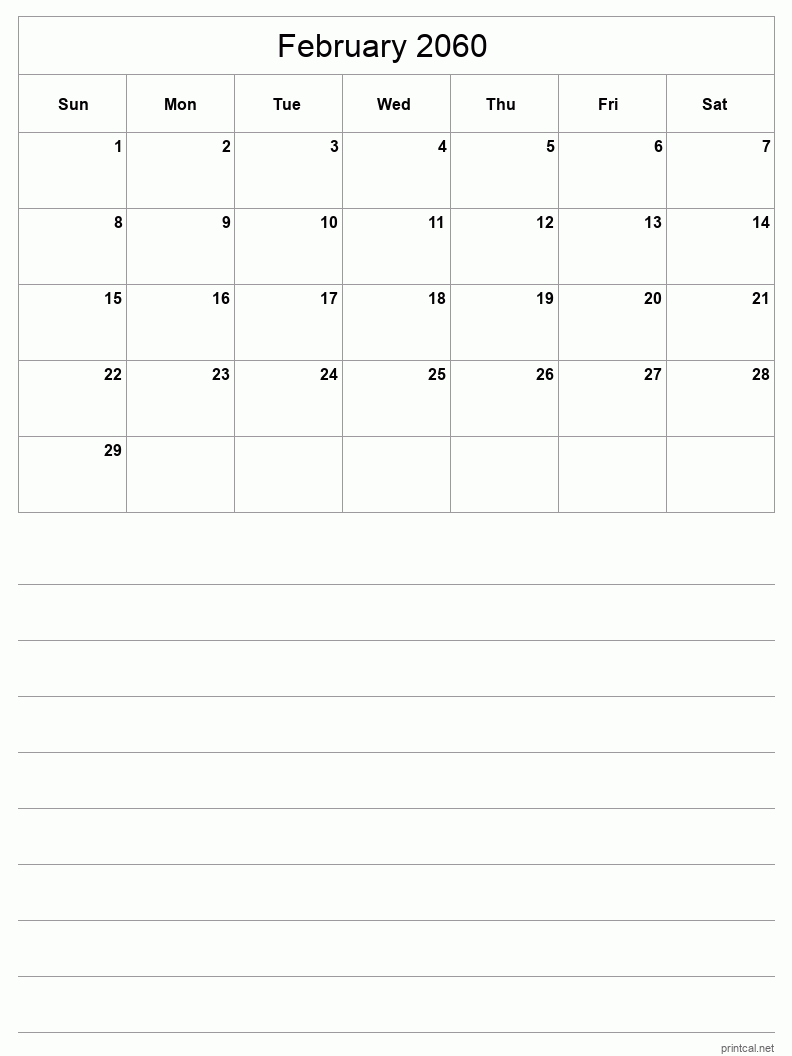 February 2060 Printable Calendar - Half-Page With Notesheet