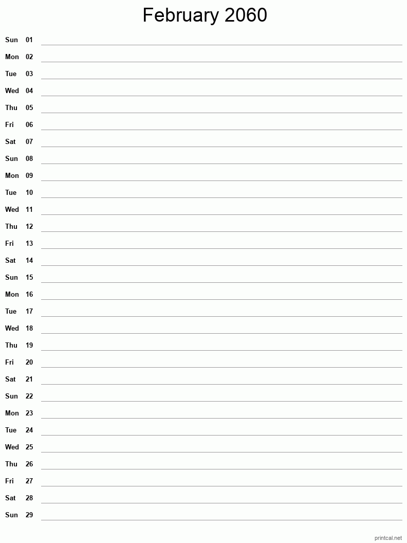 February 2060 Printable Calendar - Single Column Notesheet