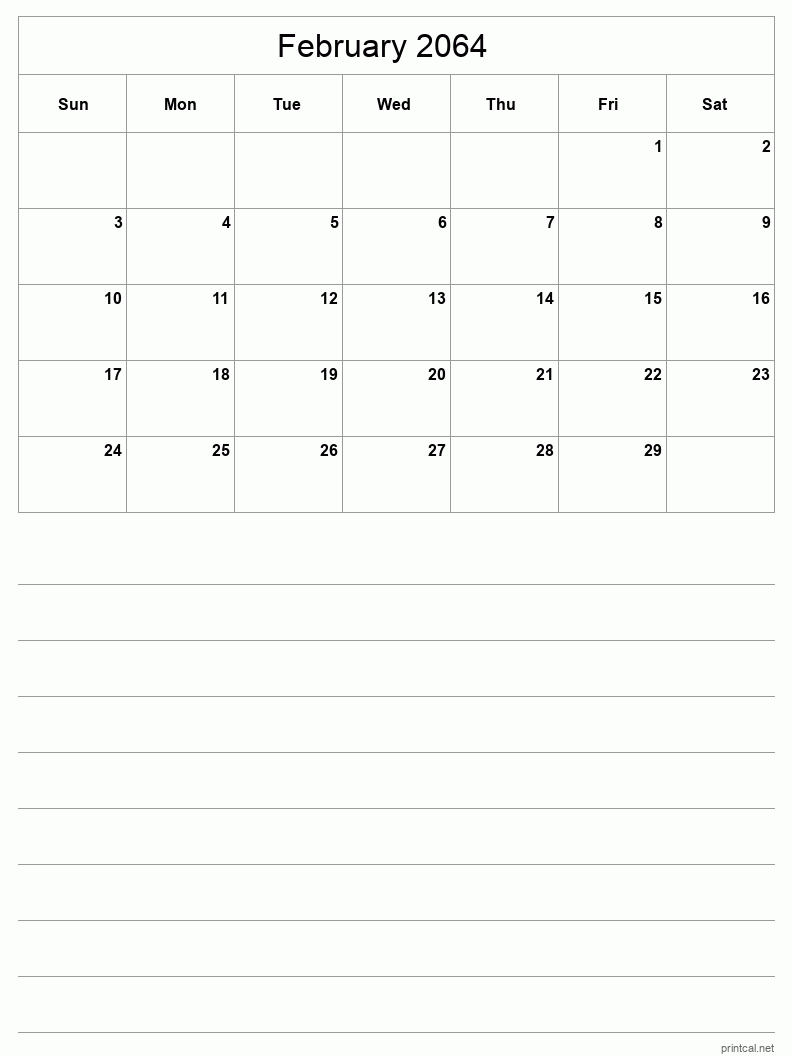 February 2064 Printable Calendar - Half-Page With Notesheet