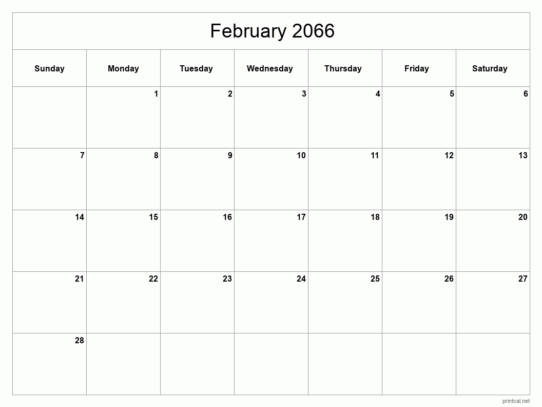 February 2066 Printable Calendar - Classic Blank Sheet