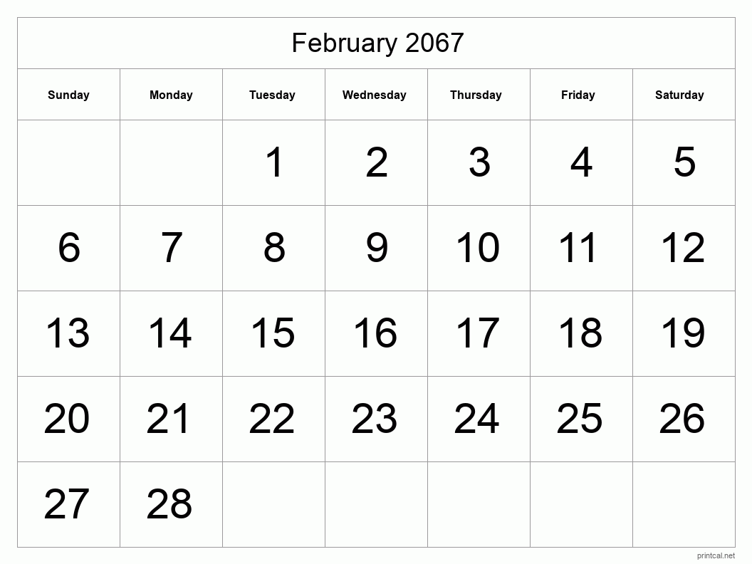 February 2067 Printable Calendar - Big Dates