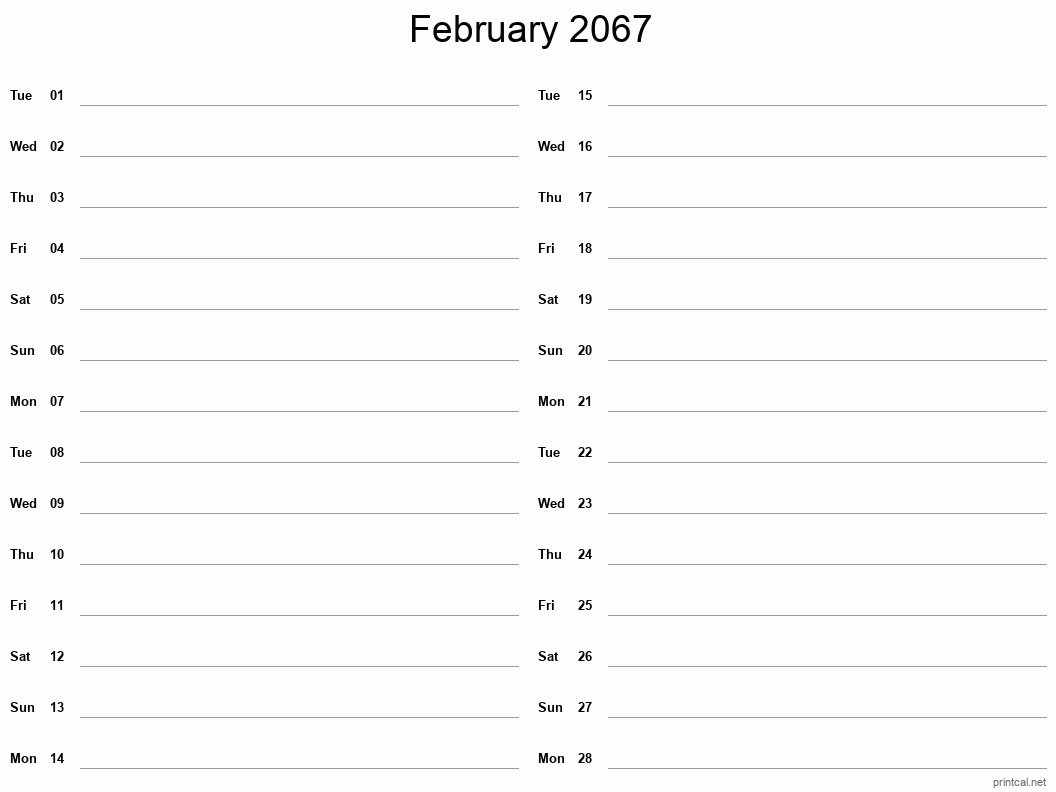 February 2067 Printable Calendar - Two Column Notesheet