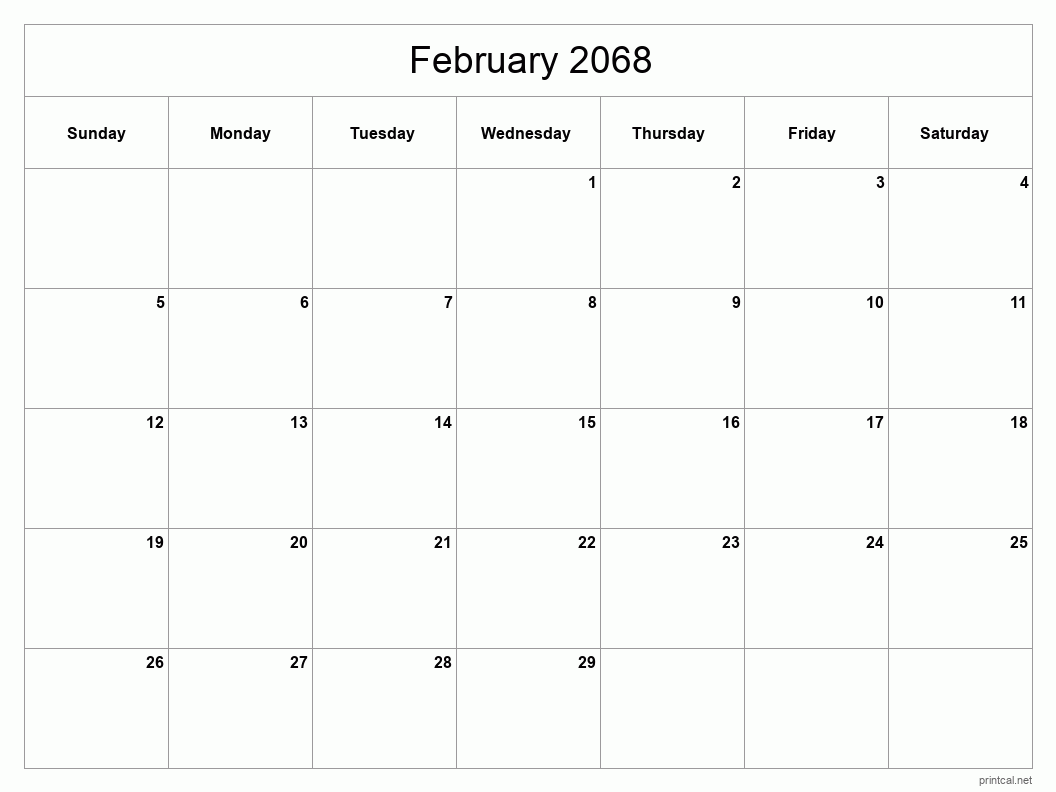 February 2068 Printable Calendar - Classic Blank Sheet