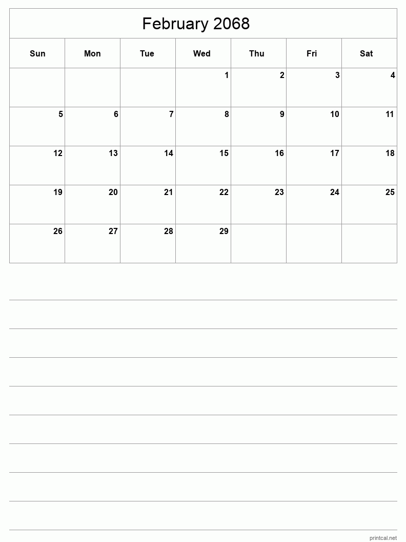 February 2068 Printable Calendar - Half-Page With Notesheet