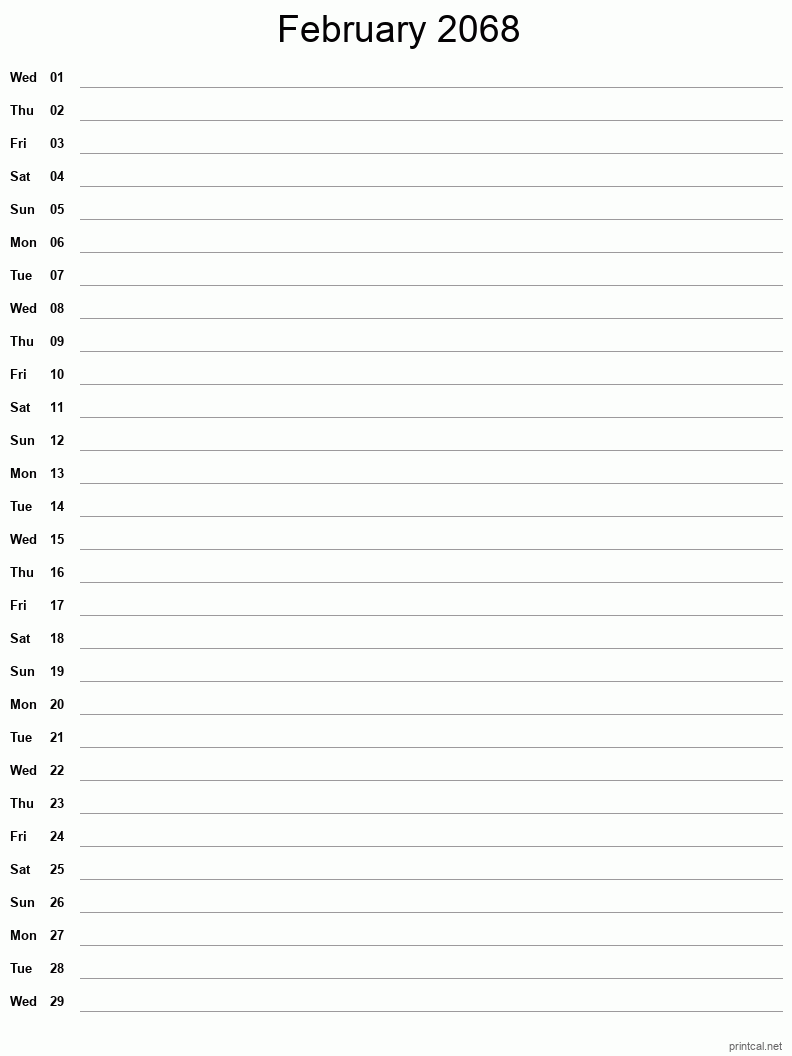 February 2068 Printable Calendar - Single Column Notesheet