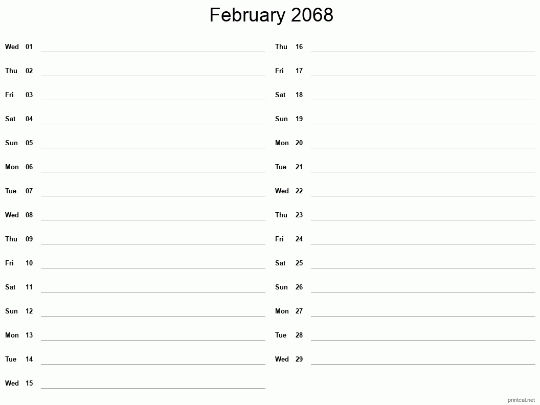 February 2068 Printable Calendar - Two Column Notesheet