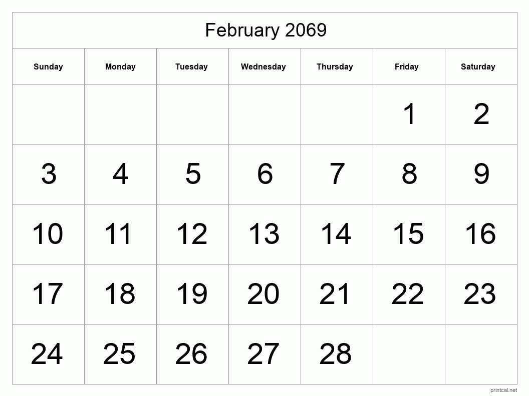 February 2069 Printable Calendar - Big Dates