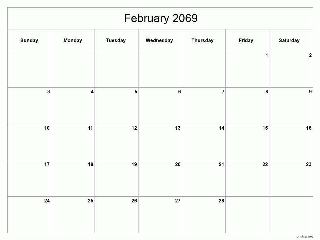 February 2069 Printable Calendar - Classic Blank Sheet