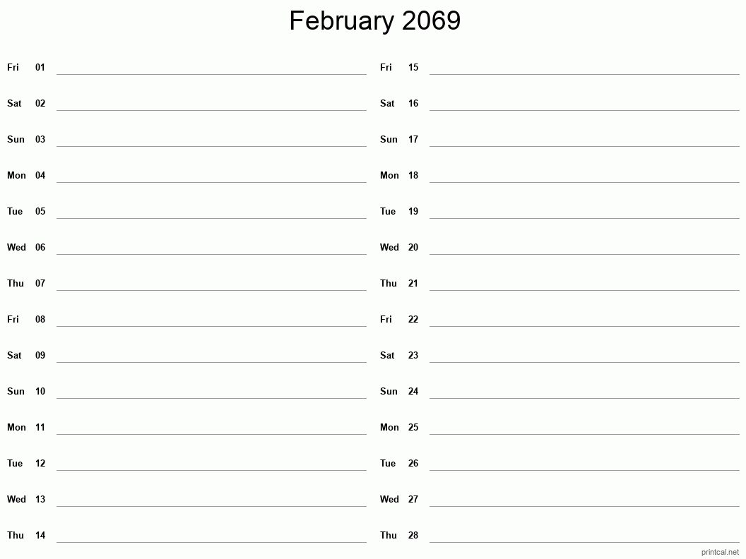 February 2069 Printable Calendar - Two Column Notesheet