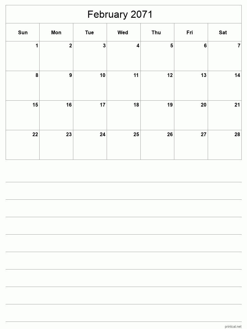 February 2071 Printable Calendar - Half-Page With Notesheet