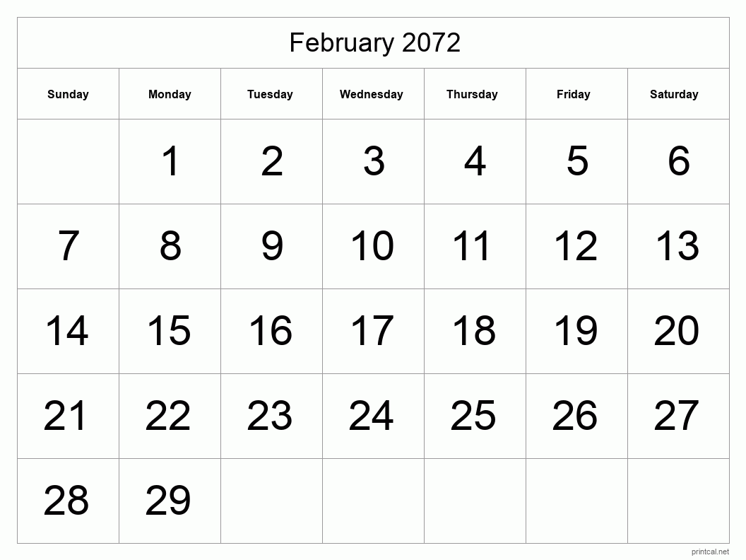 February 2072 Printable Calendar - Big Dates