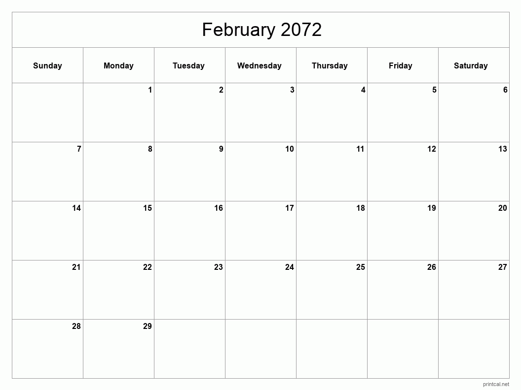 February 2072 Printable Calendar - Classic Blank Sheet