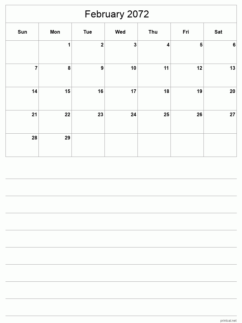 February 2072 Printable Calendar - Half-Page With Notesheet