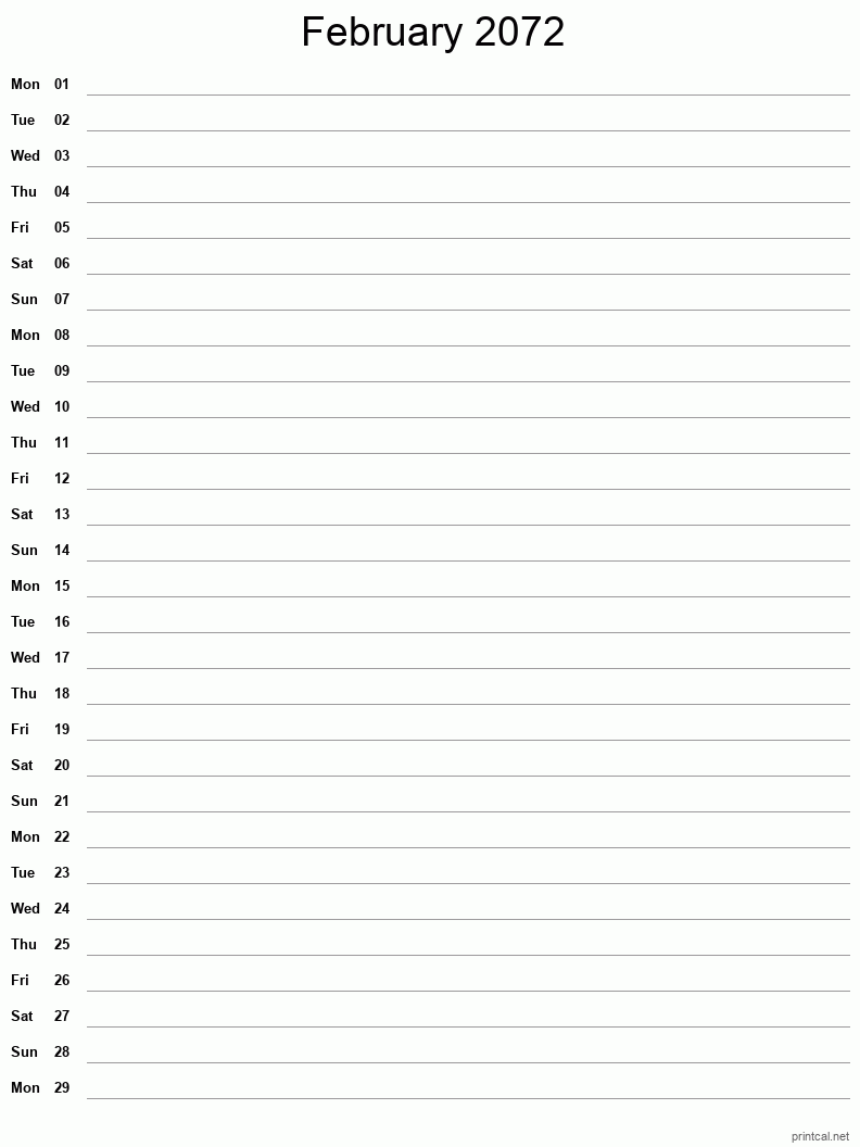 February 2072 Printable Calendar - Single Column Notesheet