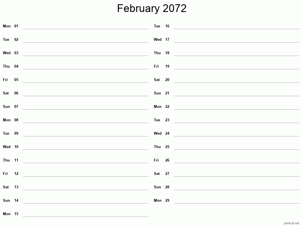 February 2072 Printable Calendar - Two Column Notesheet