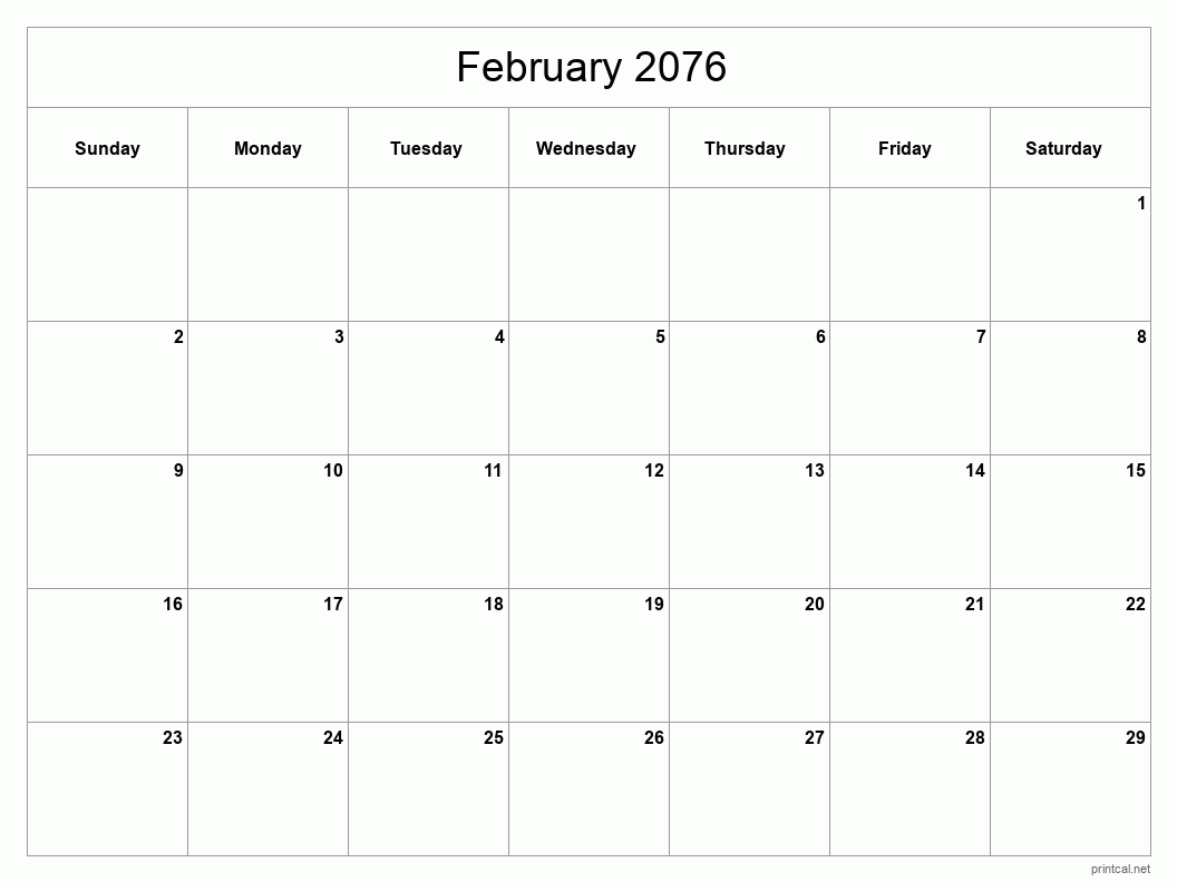 February 2076 Printable Calendar - Classic Blank Sheet