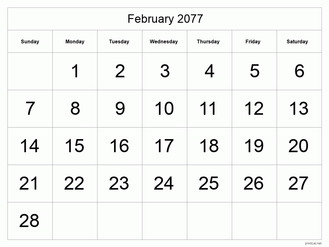 February 2077 Printable Calendar - Big Dates