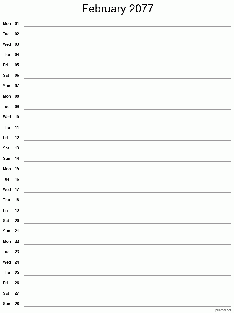 February 2077 Printable Calendar - Single Column Notesheet