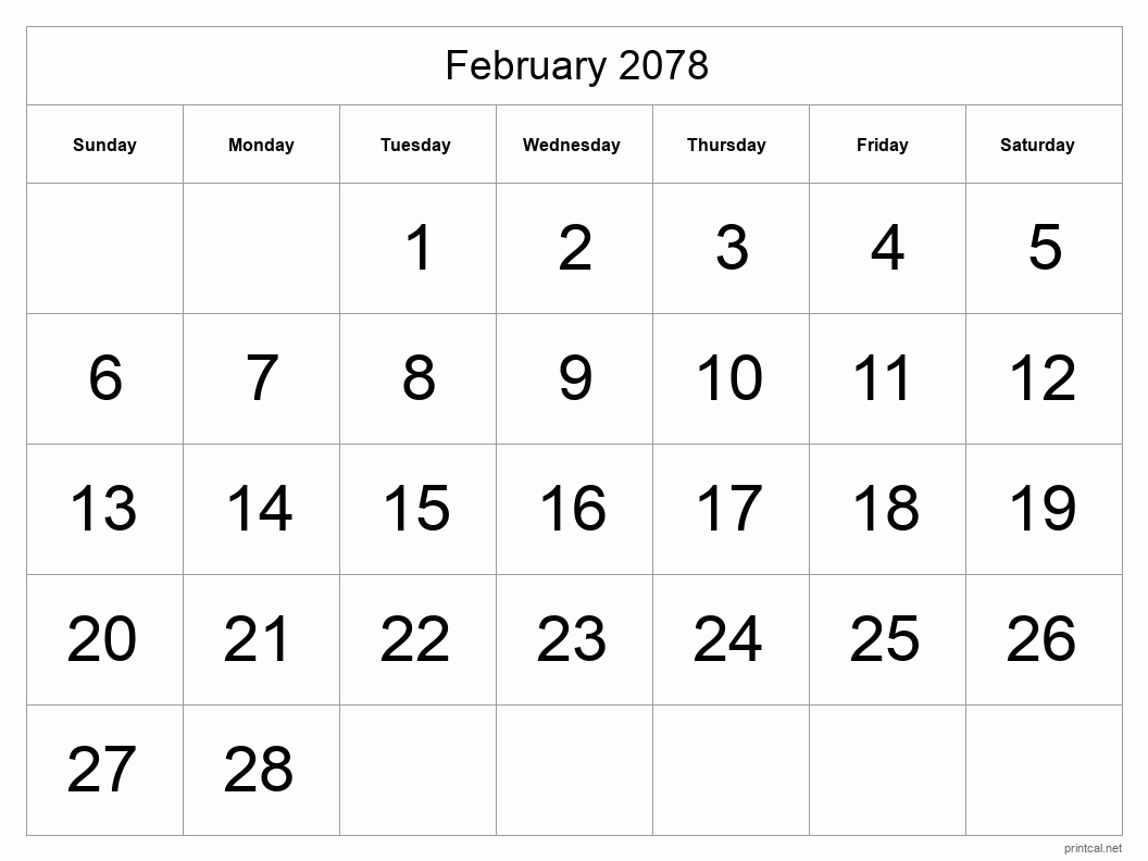 February 2078 Printable Calendar - Big Dates