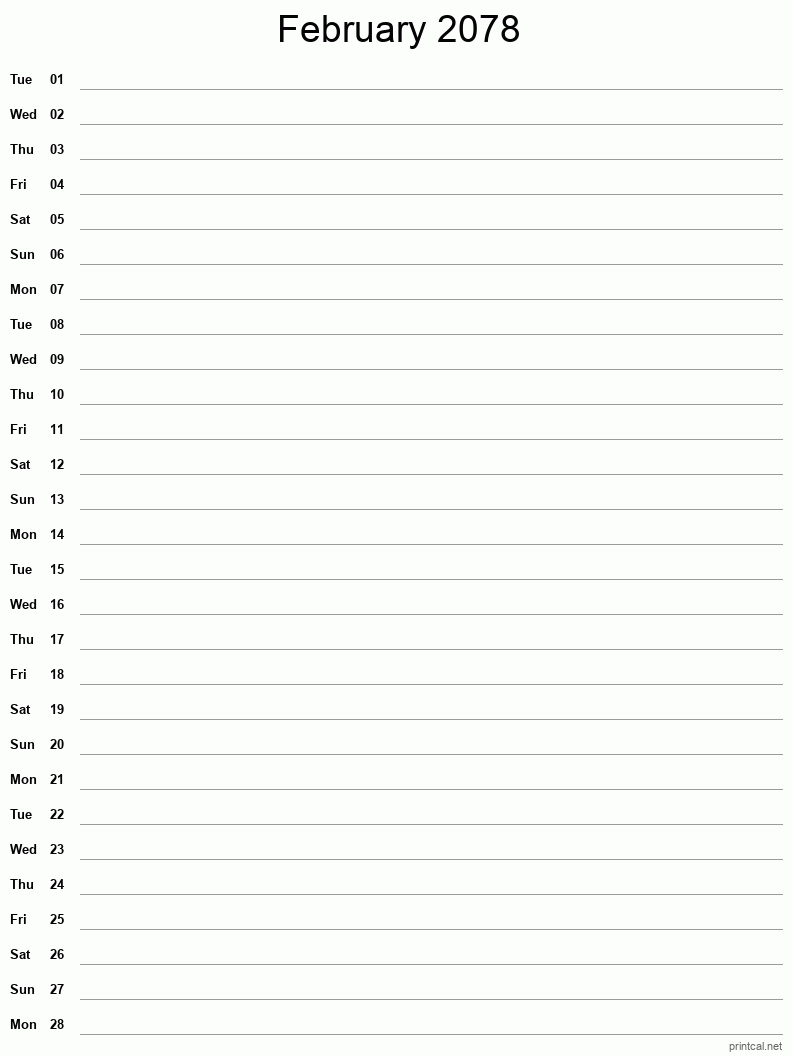 February 2078 Printable Calendar - Single Column Notesheet