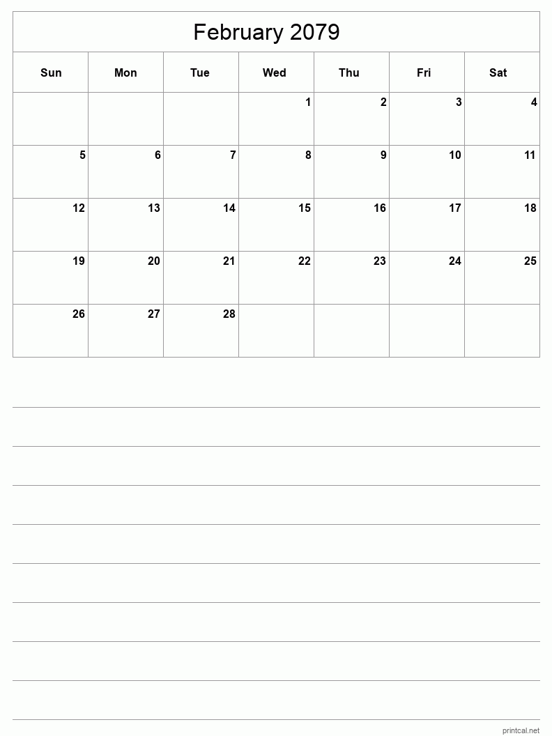 February 2079 Printable Calendar - Half-Page With Notesheet