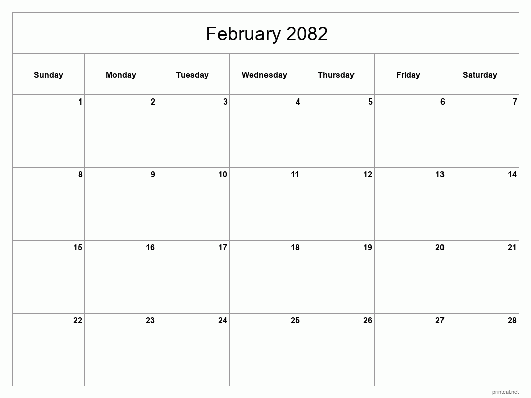 February 2082 Printable Calendar - Classic Blank Sheet