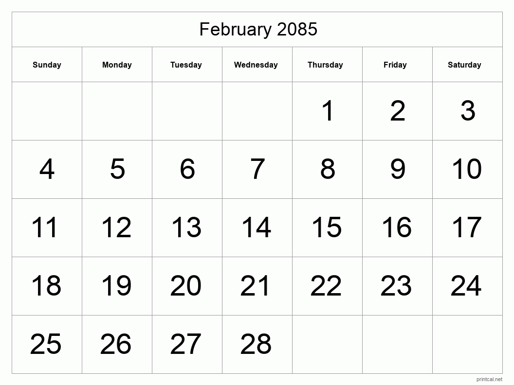 February 2085 Printable Calendar - Big Dates