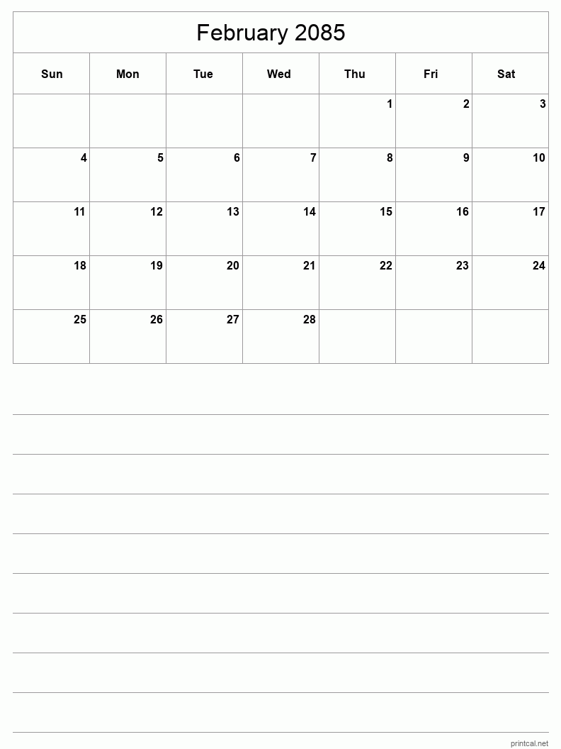 February 2085 Printable Calendar - Half-Page With Notesheet