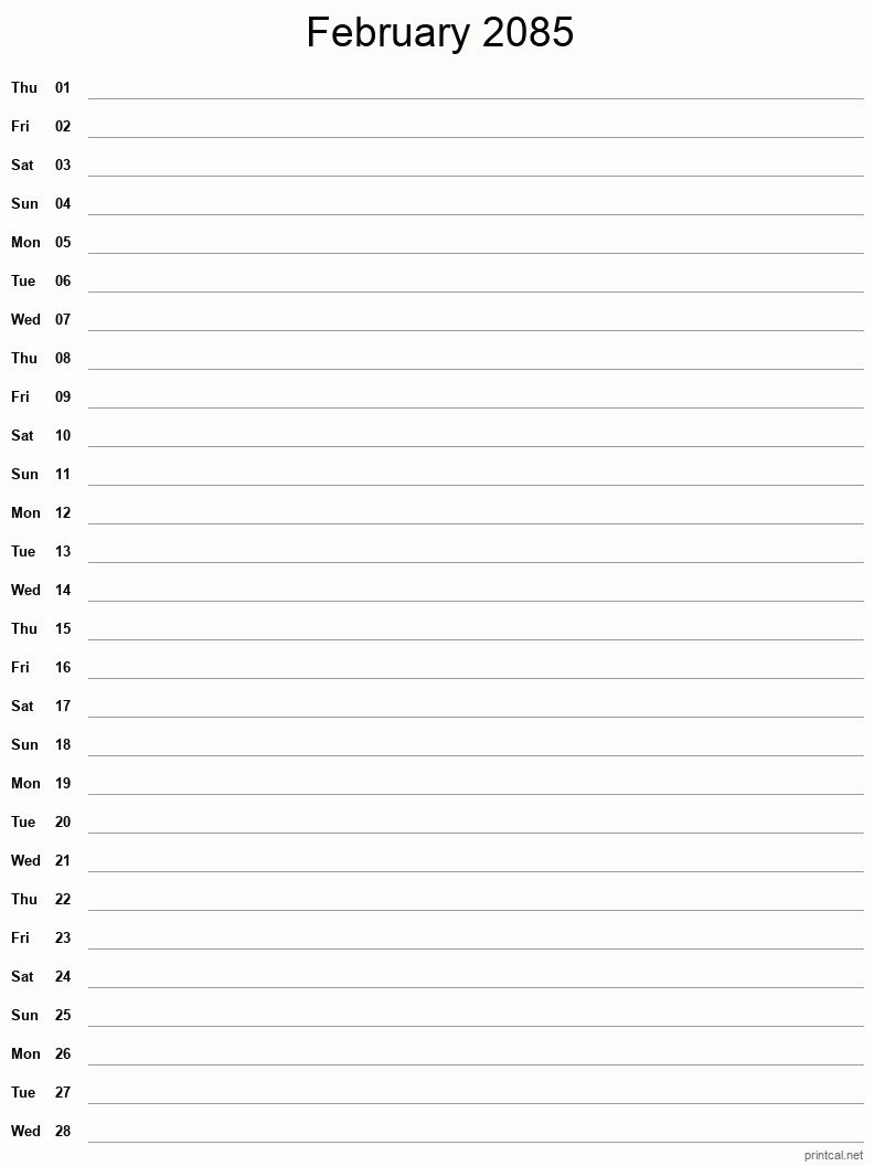 February 2085 Printable Calendar - Single Column Notesheet