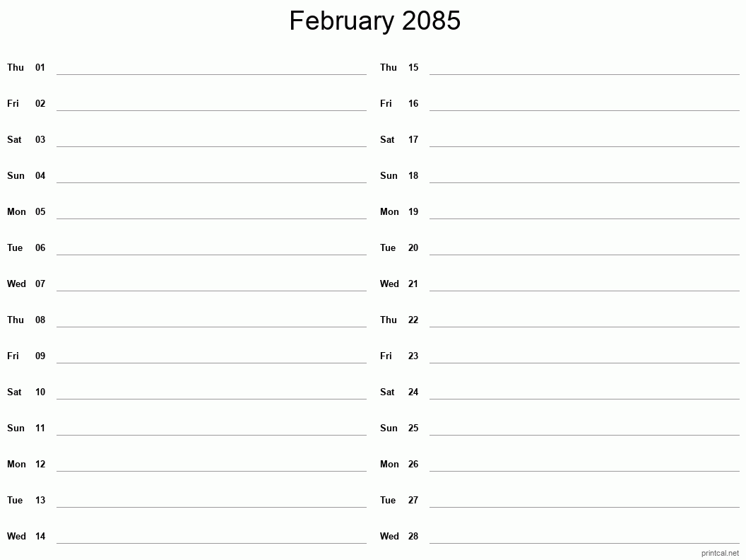 February 2085 Printable Calendar - Two Column Notesheet