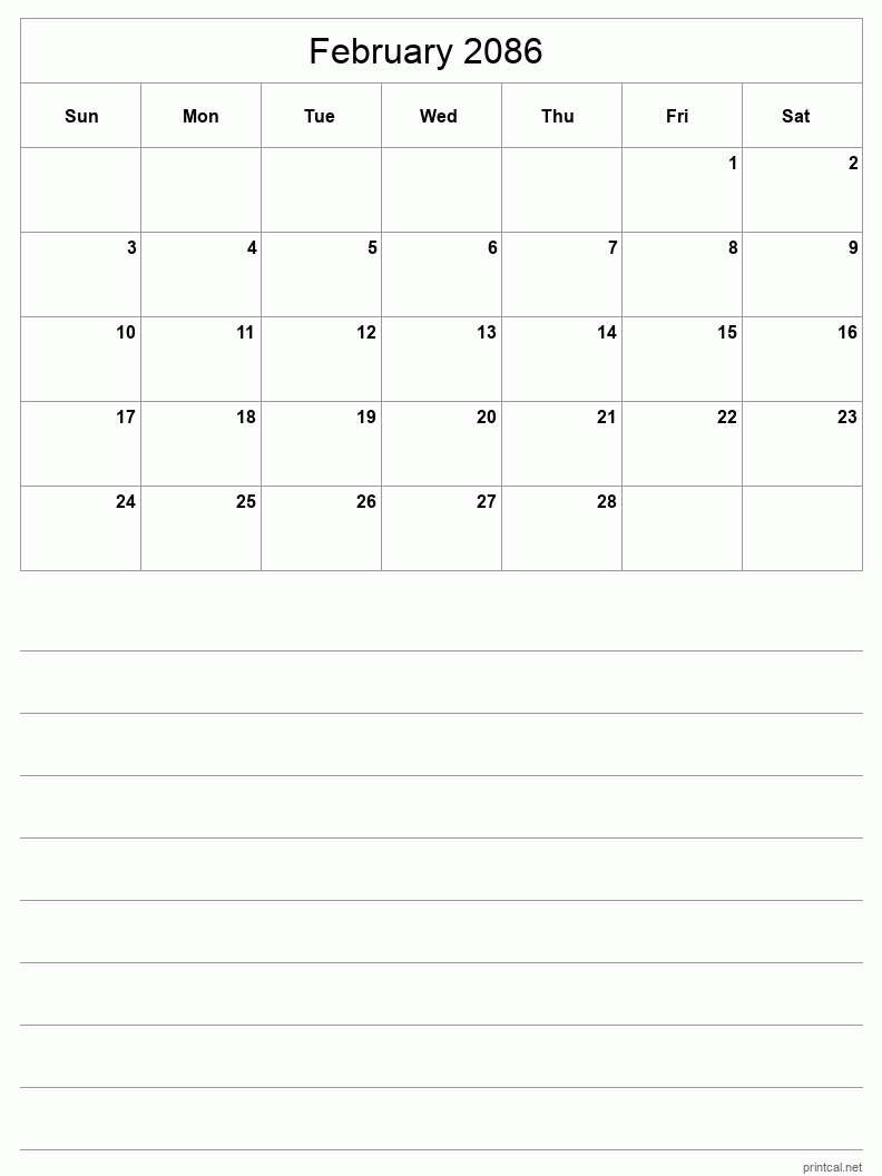 February 2086 Printable Calendar - Half-Page With Notesheet