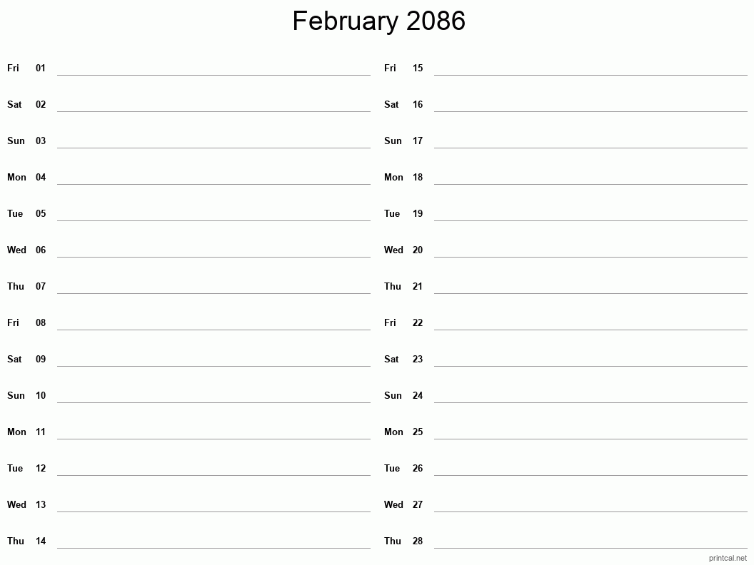 February 2086 Printable Calendar - Two Column Notesheet