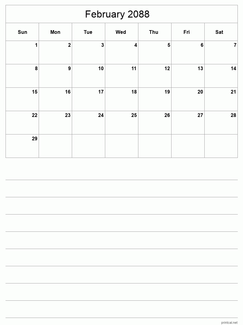 February 2088 Printable Calendar - Half-Page With Notesheet