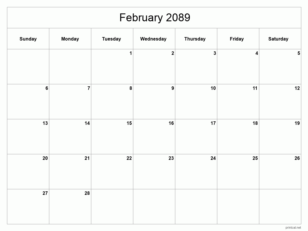 February 2089 Printable Calendar - Classic Blank Sheet