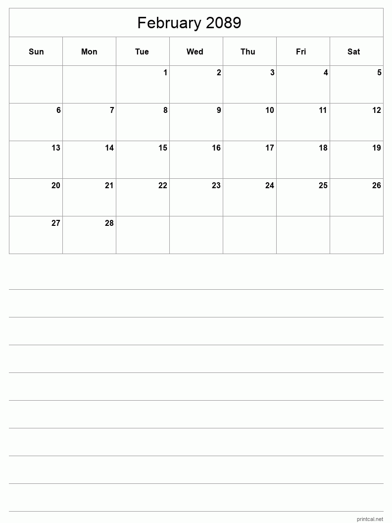 February 2089 Printable Calendar - Half-Page With Notesheet