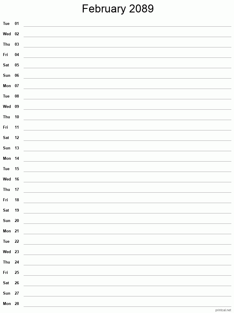 February 2089 Printable Calendar - Single Column Notesheet