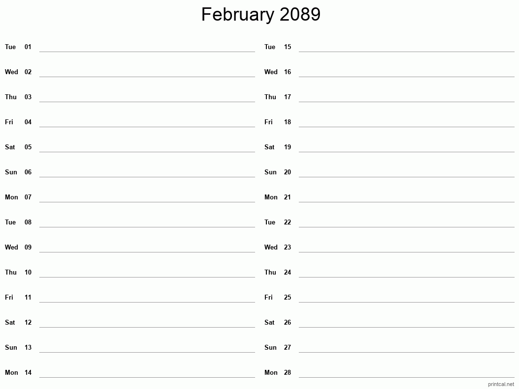 February 2089 Printable Calendar - Two Column Notesheet