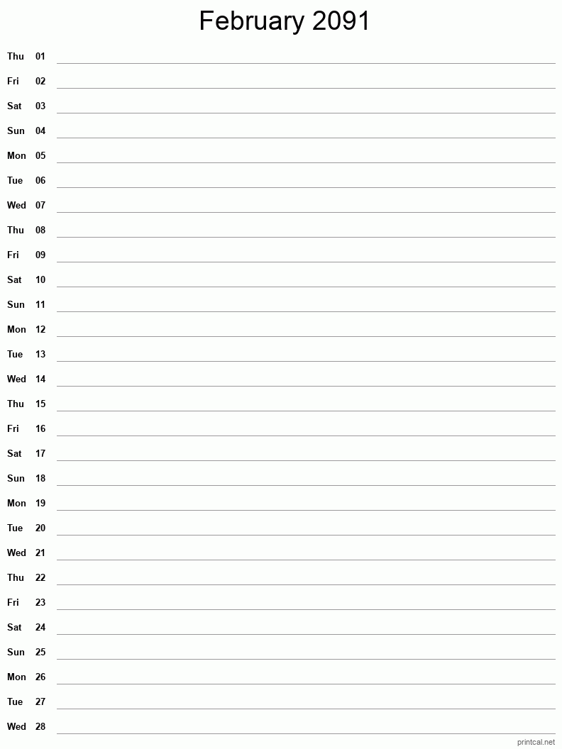 February 2091 Printable Calendar - Single Column Notesheet