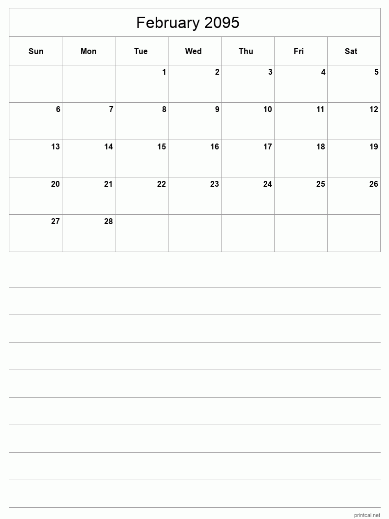 February 2095 Printable Calendar - Half-Page With Notesheet